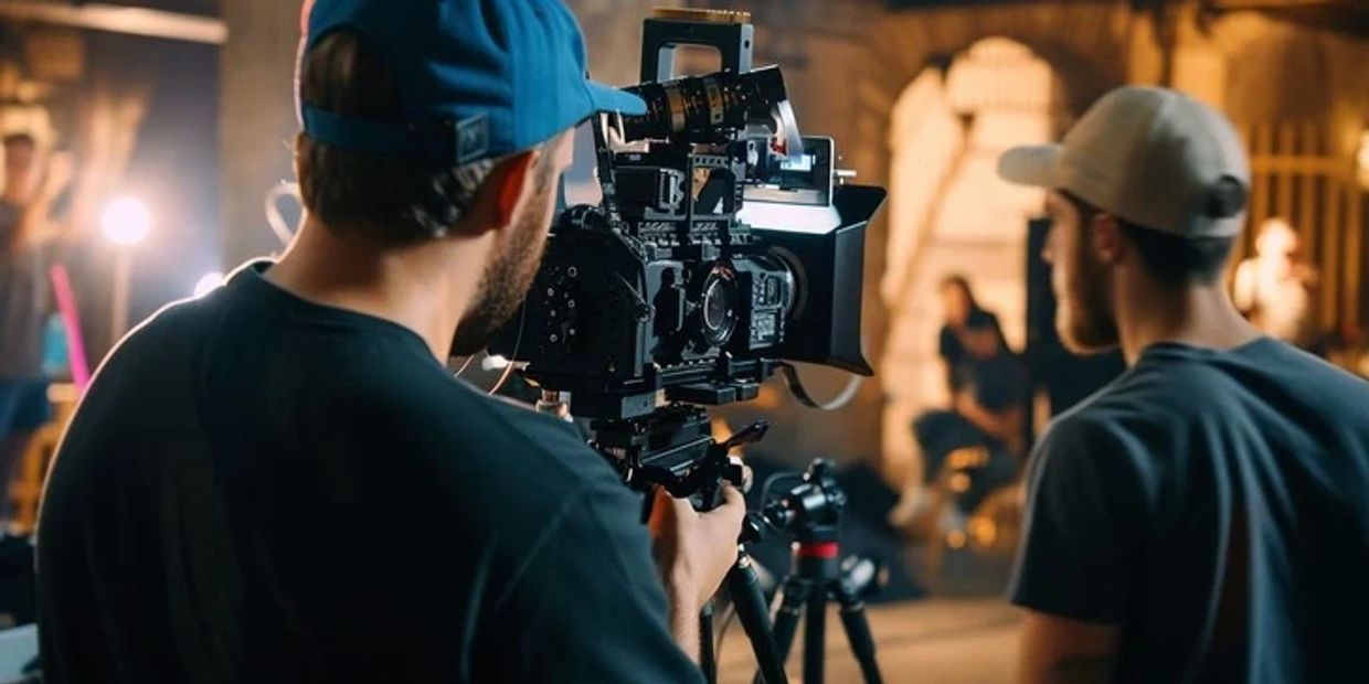 Two men setting up professional video camera equipment indoors.