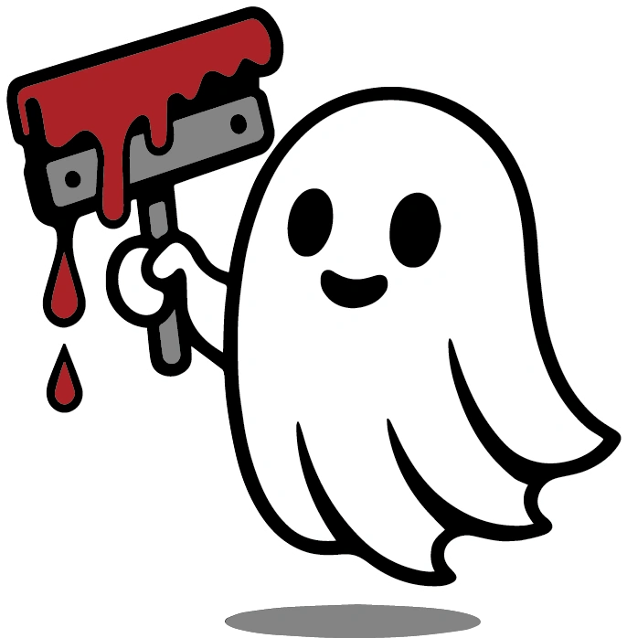 Cartoon ghost holding a paintbrush dripping red paint.