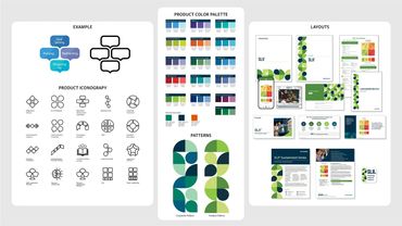 Visual guide showcasing product iconography, color palette, patterns, and layout designs for a leadership training brand.