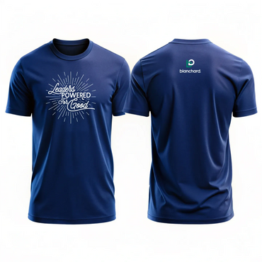 Navy blue t-shirt with 'Leaders Powered For Good' text on front, Blanchard logo on back.