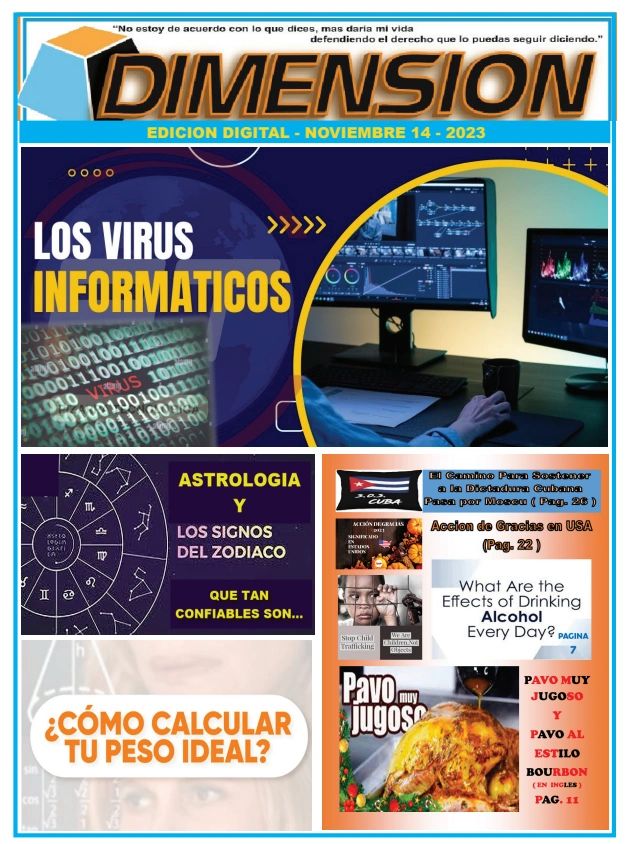 Digital magazine cover featuring topics on computer viruses, astrology, ideal weight, Cuban dictatorship, alcohol effects, and turkey recipe.