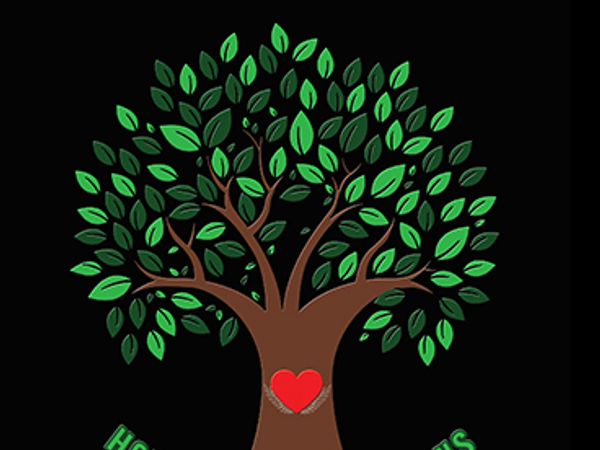 Illustration of a tree with a heart at its base on a black background.