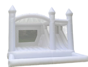 White inflatable bounce house with slide and castle-like pillars.