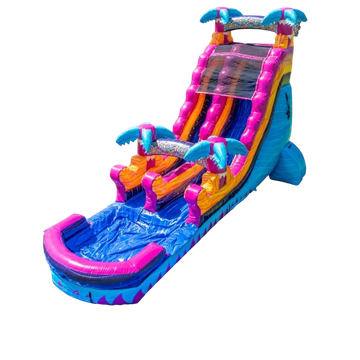 Colorful inflatable water slide with tropical palm tree decorations.