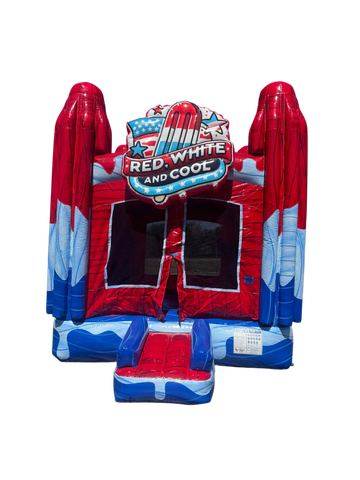 Inflatable bounce house with red, white, and blue patriotic design.