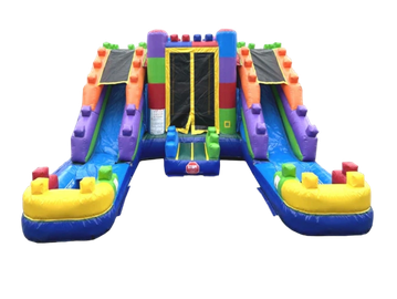 Colorful inflatable bounce house with slides and basketball hoops.