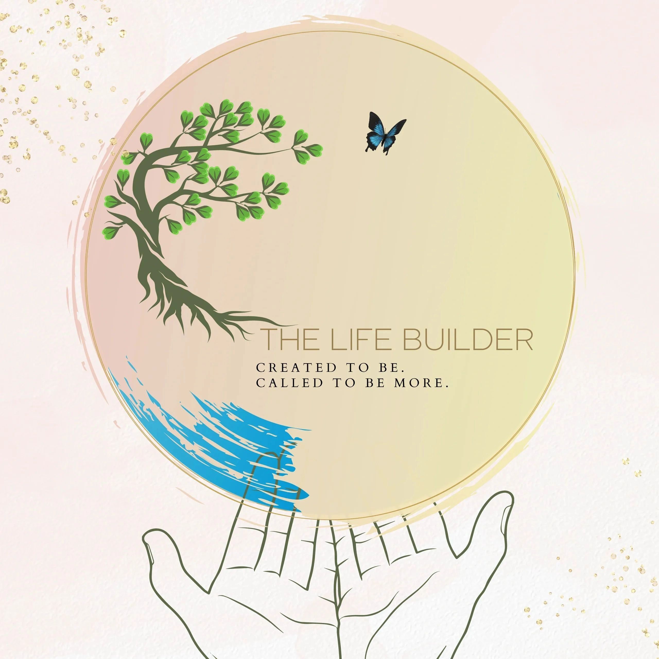 A hand holds a circle with a tree, butterfly, and inspirational text.
