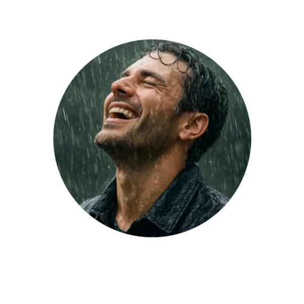 Man joyfully laughing in the rain with eyes closed.