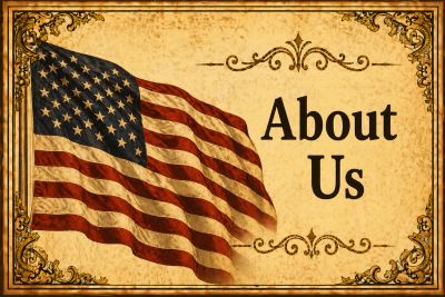 Vintage American flag with 'About Us' text on an ornate background.
