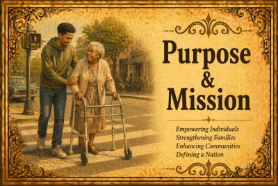 Young man helping elderly woman walk with a walker, emphasizing purpose and mission.