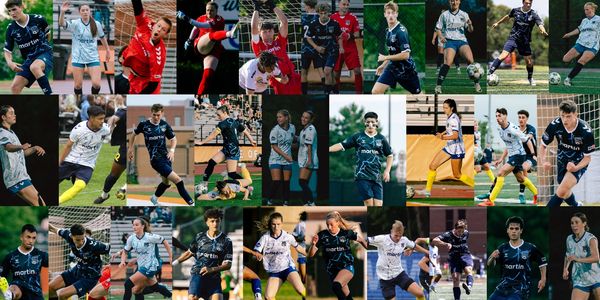 A collage of soccer players in action wearing blue and white uniforms during a match.