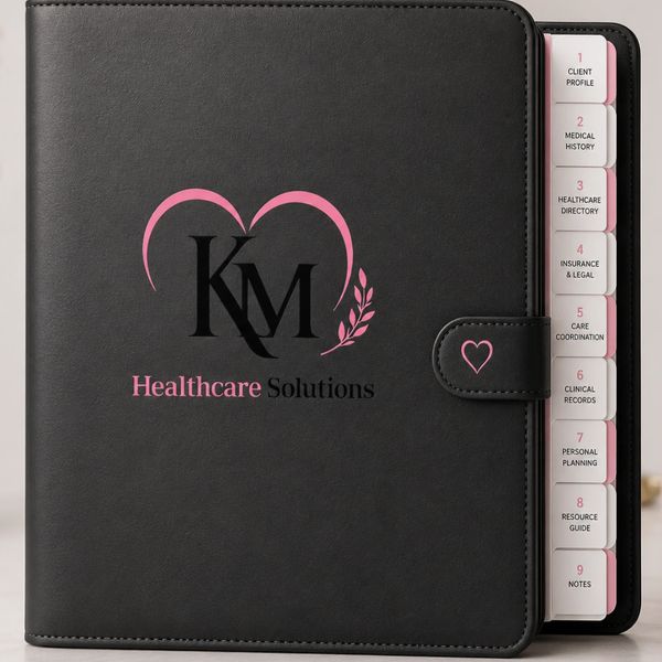 Black and pink healthcare organizer with labeled tabs.