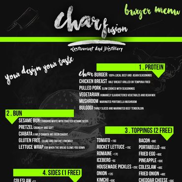 Charfusion burger menu with customizable options for protein, bun, toppings, sides, and sauces.