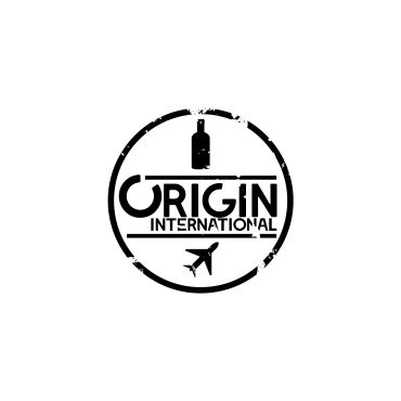 Black and white Origin International logo with airplane and bottle icons.
