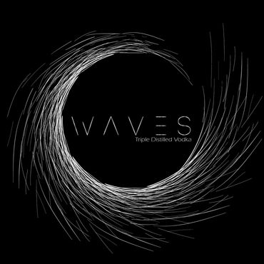 Minimalist black and white logo with swirling lines and text 'WAVES Triple Distilled Vodka'.