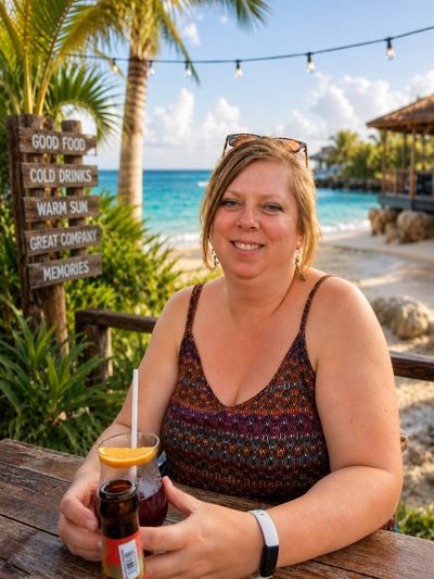 Woman enjoying a beachside drink at a tropical setting.