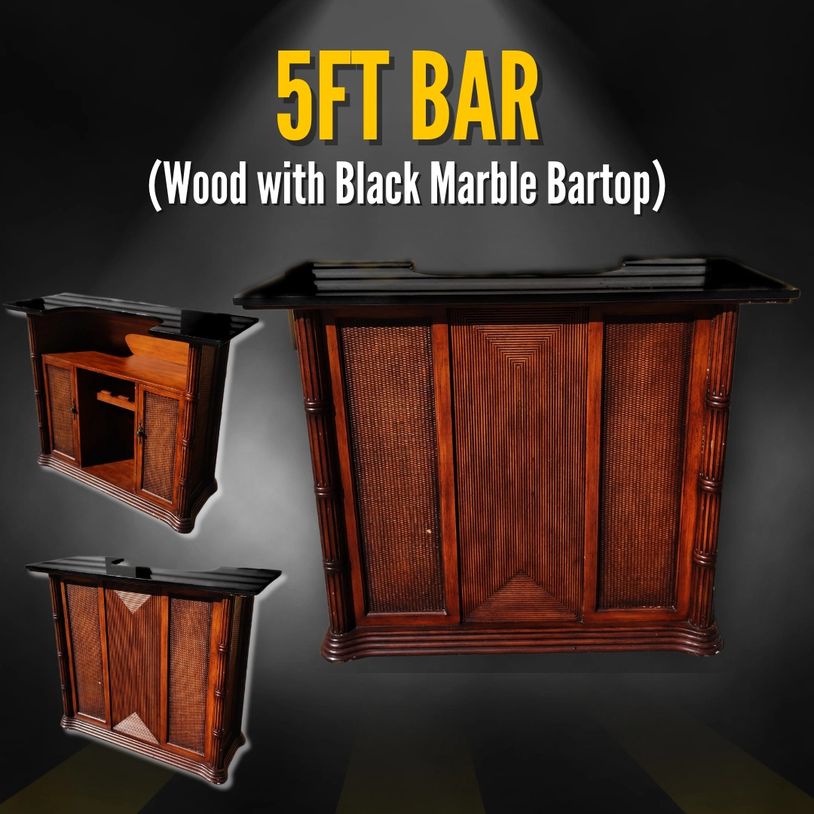 5ft Wood bar, marble top, marble bartop