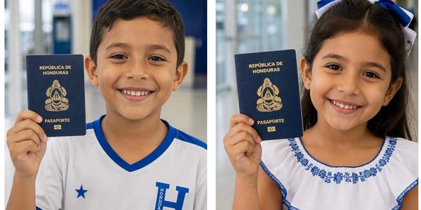 Two smiling children holding Honduran passports.