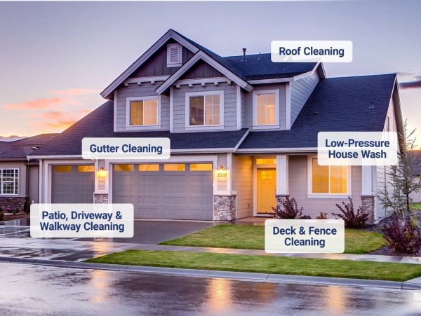 House exterior with cleaning services labeled.