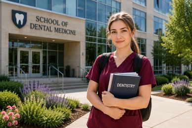 Female dental student holding books outside dental school.