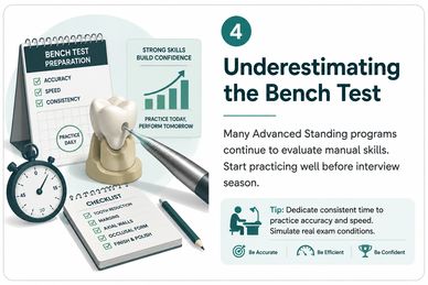 Tips for preparing for dental bench tests with daily practice and accuracy.