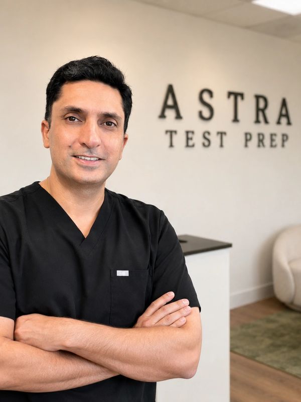 Smiling man in black scrubs standing with arms crossed at Astra Test Prep.