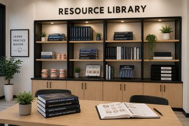 Modern dental resource library with books and models.