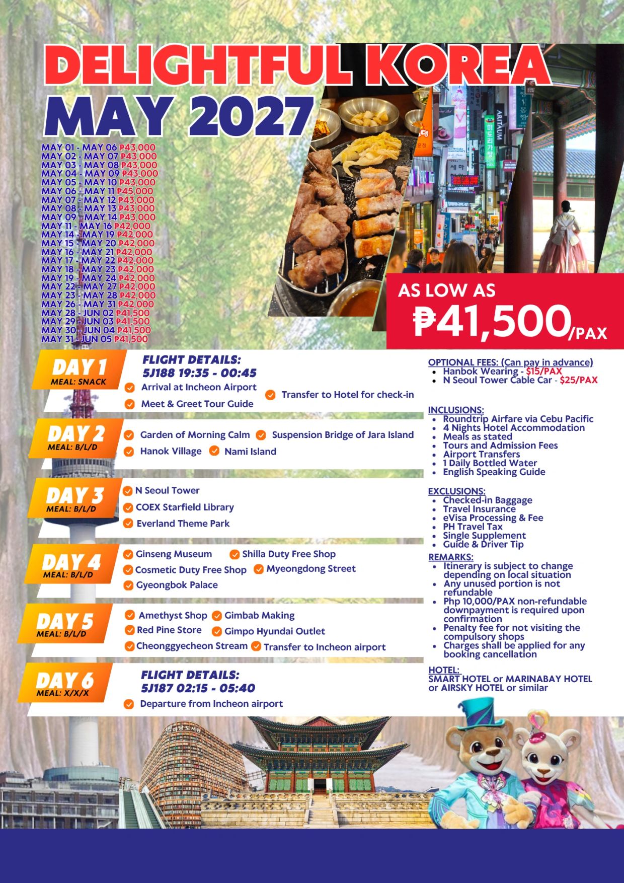 6-day Delightful Korea tour package in May 2027 with meals, flights, and sightseeing.