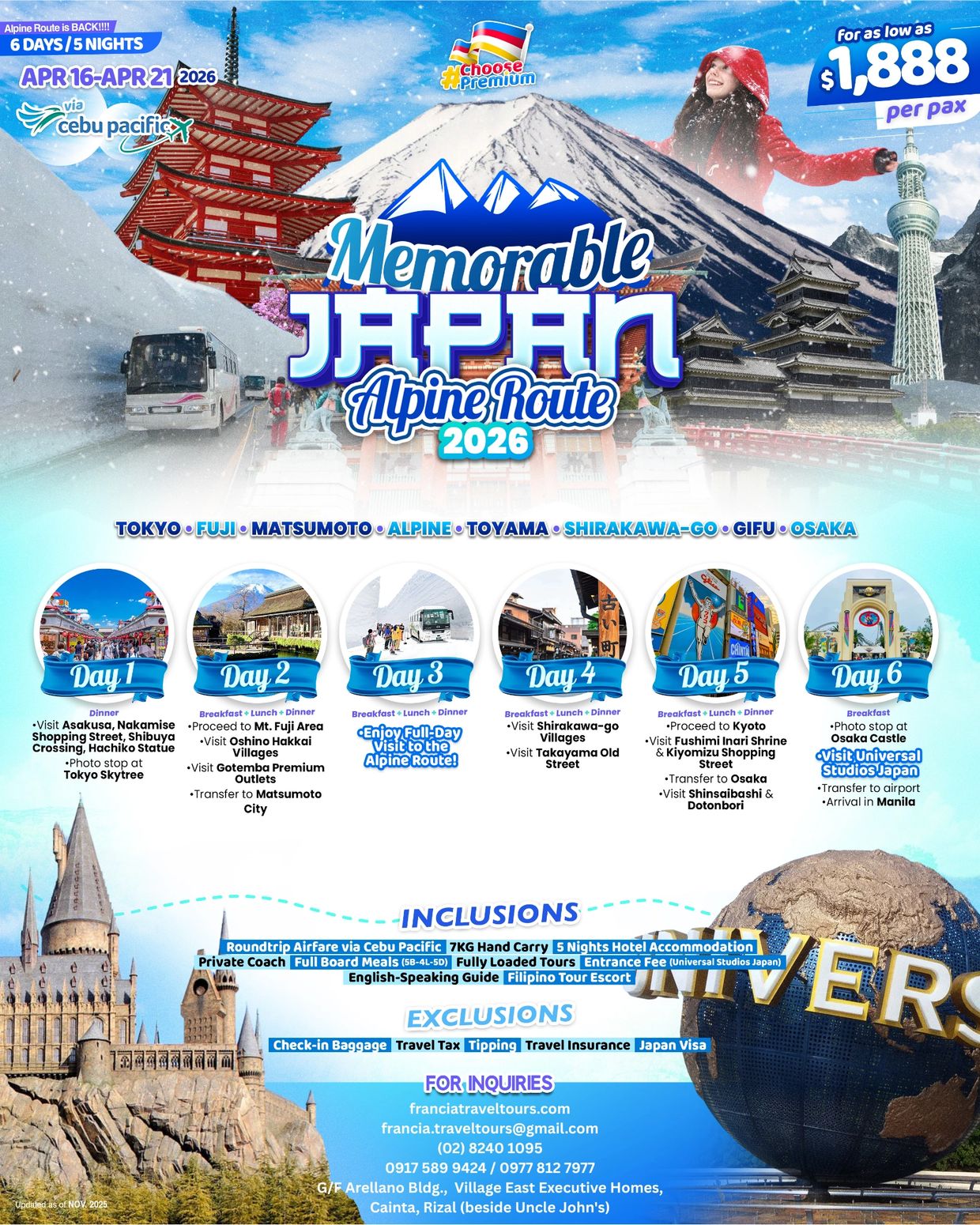 Japan Alpine Route 2026 tour from April 16-21 via Cebu Pacific, 6 days and 5 nights for $1,888 per person.