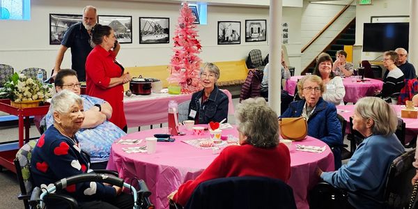 Seniors gathered at a community event with pink decorations and a festive atmosphere.