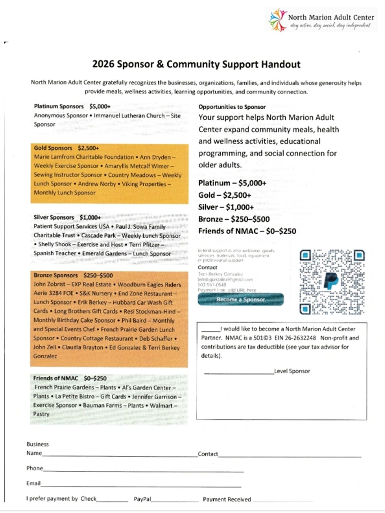2026 Sponsor & Community Support Handout from North Marion Adult Center listing sponsorship levels and benefits.