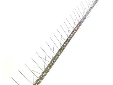 Metal bird spikes on a strip to deter birds from landing.