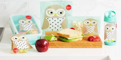 vajilla modelo búho de 3sprouts, color menta, tupper infantil, bolsa para bocadillo y botellita