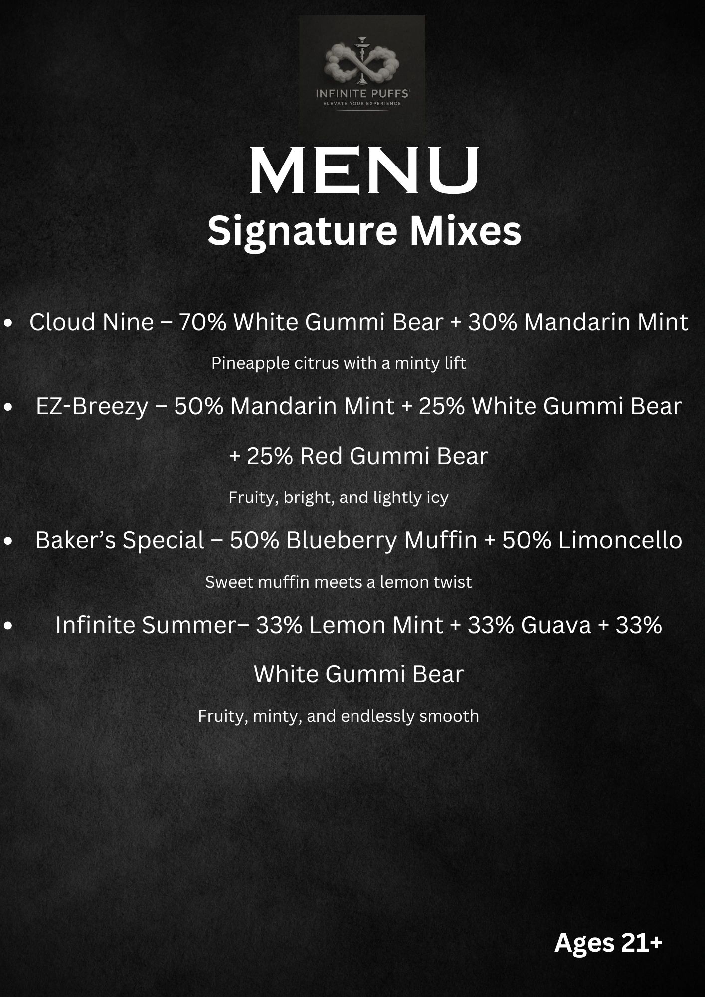 Menu showcasing signature mixes with fruity and minty flavors from Infinite Puffs.