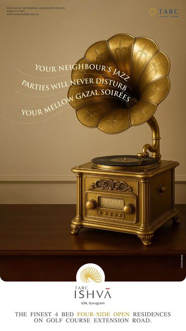 Vintage gramophone with text about peaceful living at TARC Ishva residences.