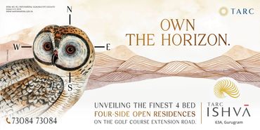 Advertisement for TARC Ishva's 4-bedroom residences with an owl and horizon theme.