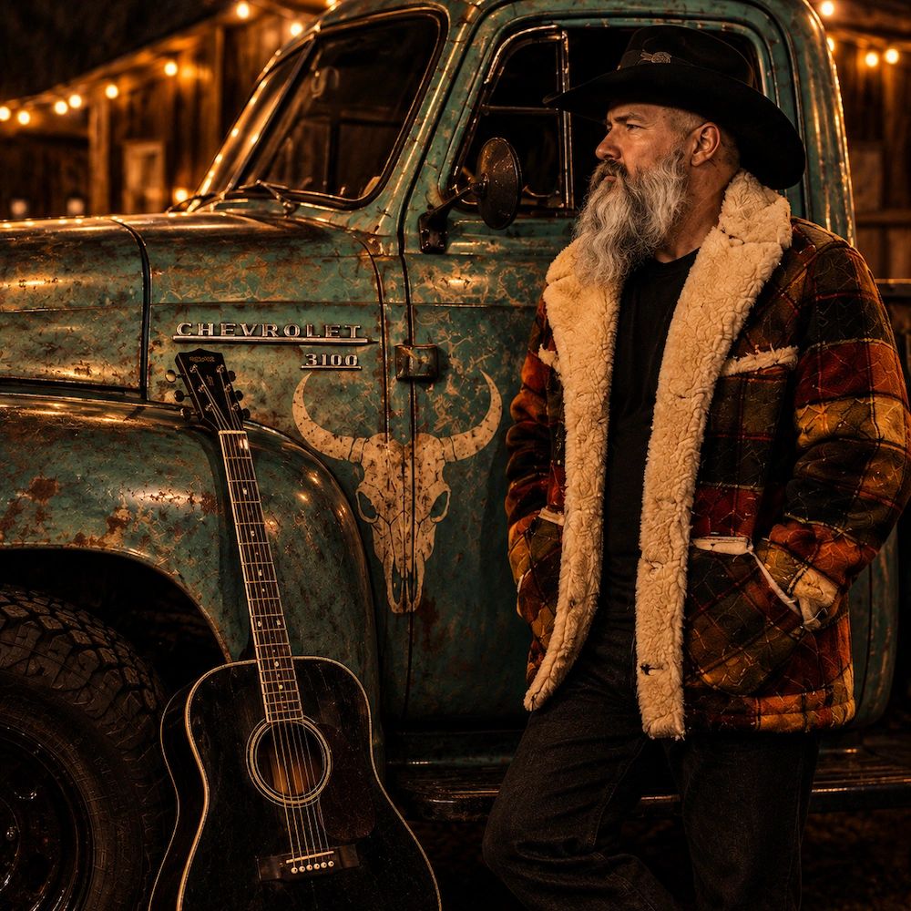 Man with a beard stands by an old Chevrolet truck and guitar.