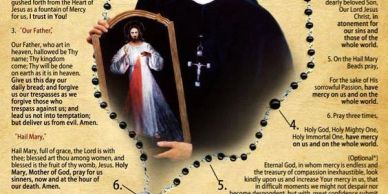 Religious image of Divine Mercy with prayers and rosary.