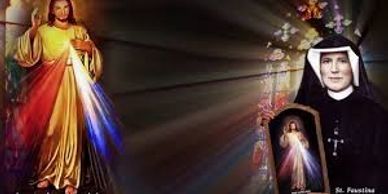Image of St. Faustina with a depiction of Jesus and divine rays.