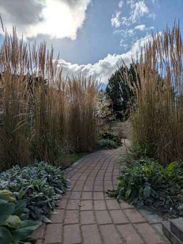 Curved brick pathway surrounded by tall grasses and lush greenery under a partly cloudy sky.
