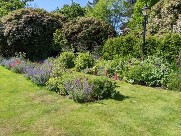 A vibrant garden bed with blooming flowers and a black garden lamp post.