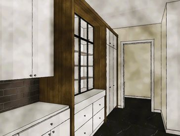 3D rendering of pantry design showing large storage and ample counter space.