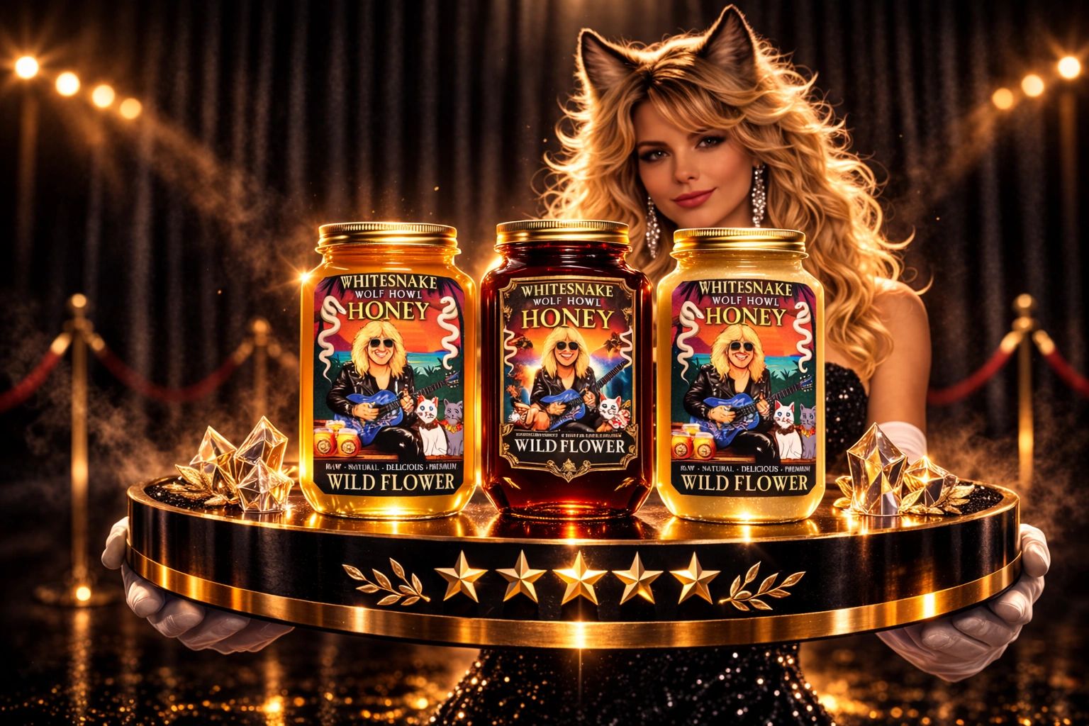 Glamorous woman presenting premium Wild Flower honey jars on a golden tray with sparkling decor.