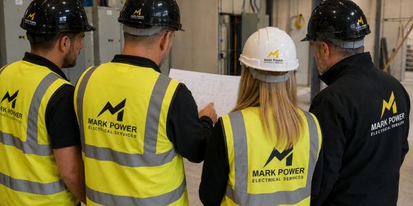 Four workers in safety gear review plans inside an industrial site.