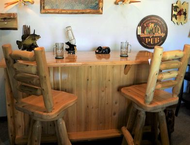 Log bar, rustic bar, bar stool, swivel bar stools, stools with backs, cedar, hickory, wine barrel