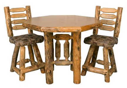 Rustic table, log table, gathering height table , pub height table, bar stools, upholstered stools 