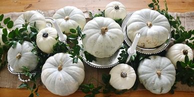 Rustic Thanksgiving table setting centerpiece, white and silver table setting