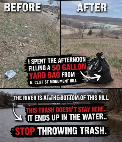 Before and after cleanup of trash at Monument Hill, urging to stop throwing trash.