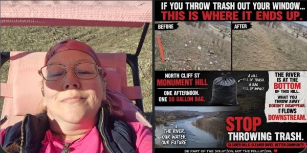 A woman relaxes next to an anti-littering environmental poster.