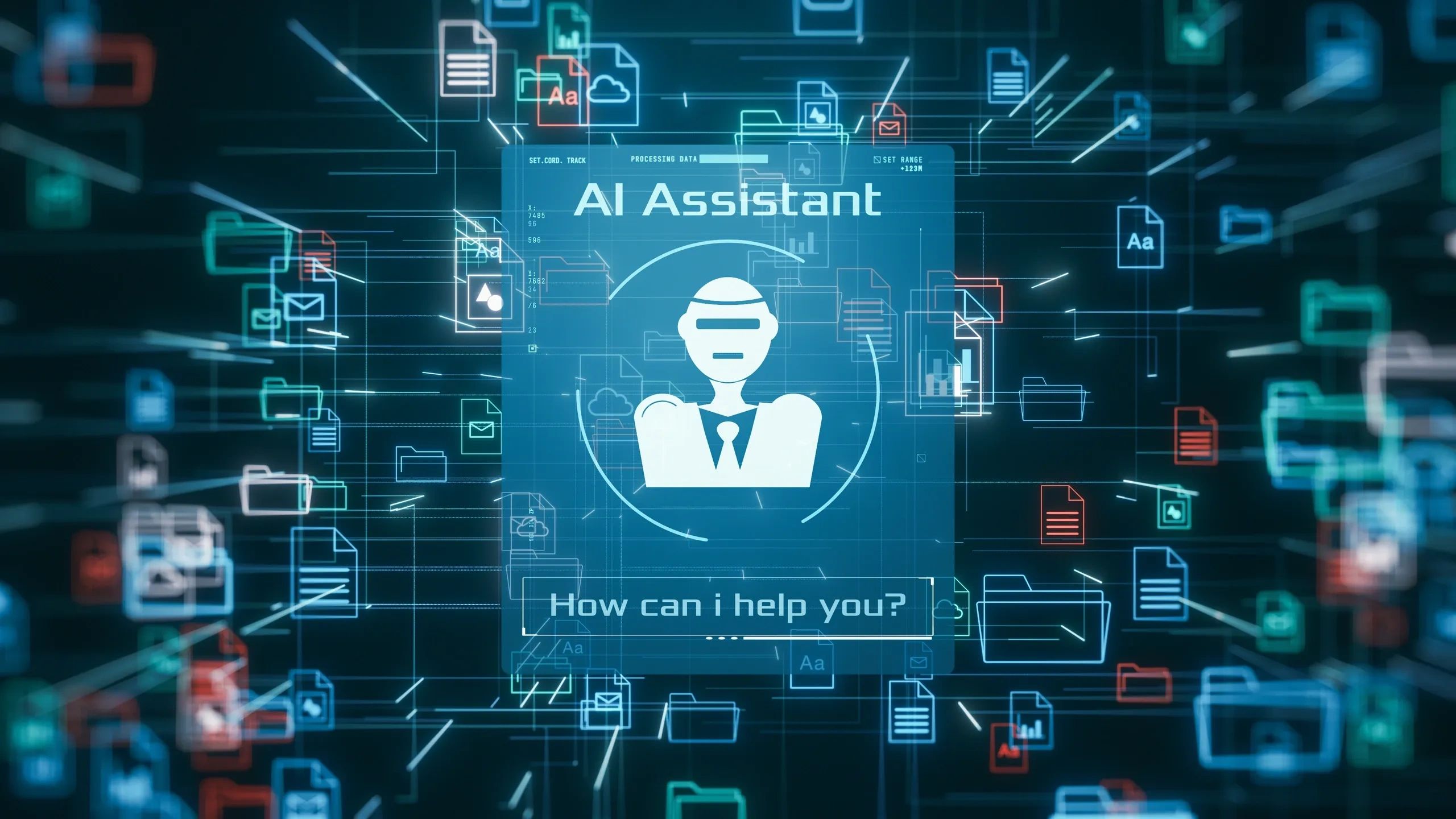 Digital AI assistant interface surrounded by floating file icons and data visuals.